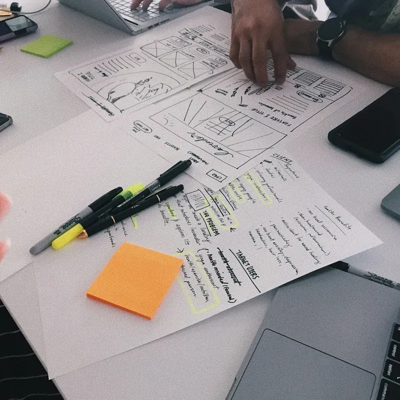 Equipo diseñando wireframes de una interfaz sobre la mesa